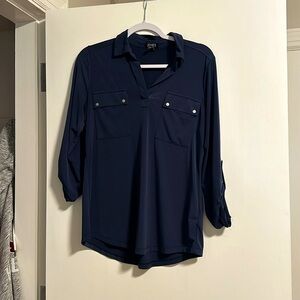 Jones New York collard blouse, navy blue size med excellent condition